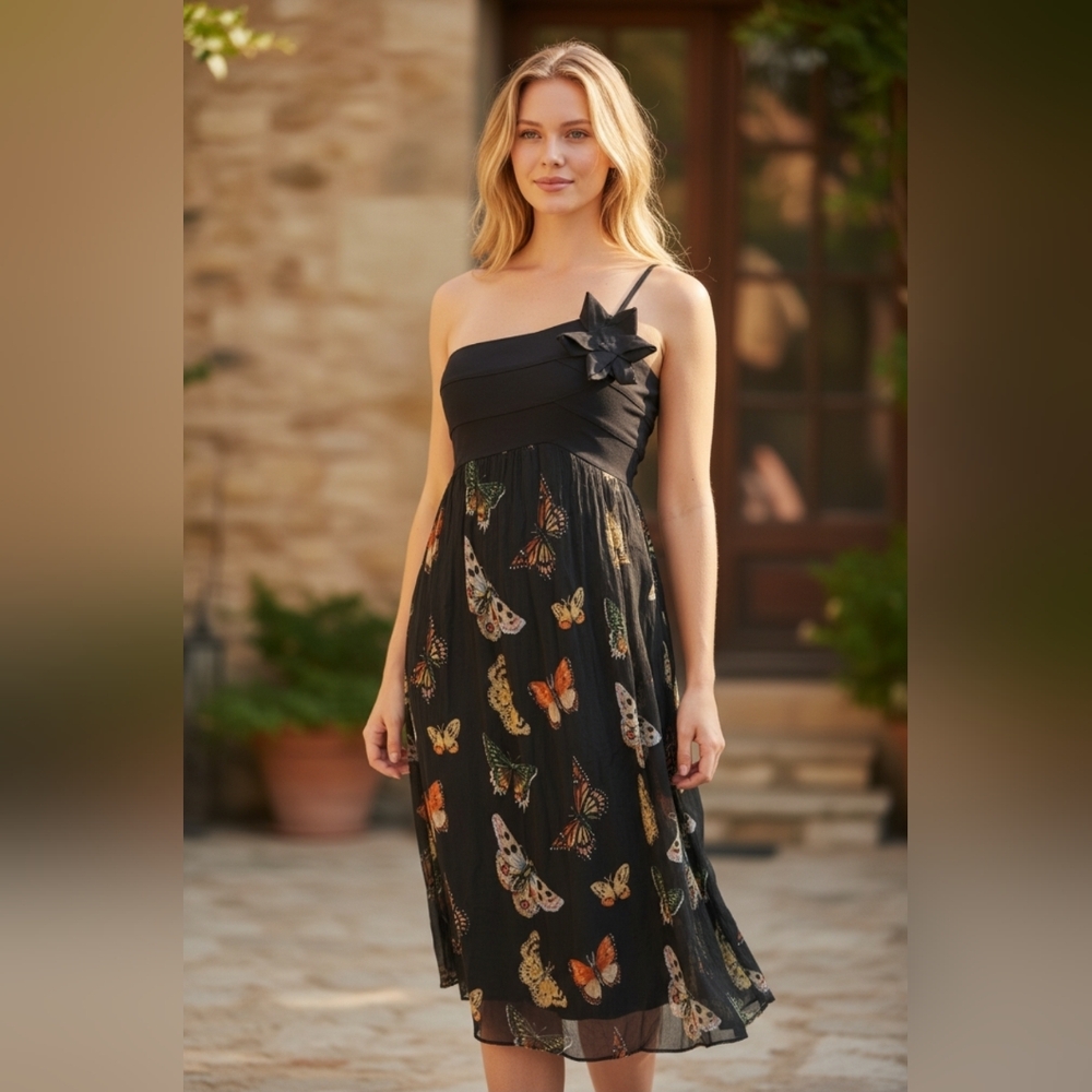 NWT Max Studio Specialty Products Black Butterfly Silk One-Shoulder Mini Dress